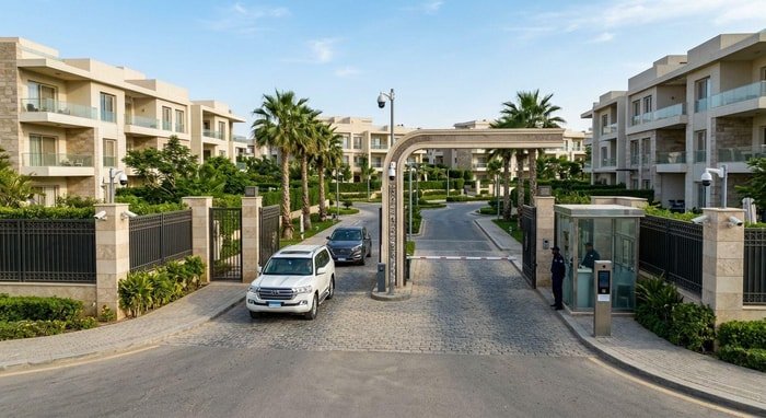 مجمع سكني مسور في القاهرة الجديدة مع كاميرات أمن ذكاء اصطناعي وبوابة دخول ذكية للتحكم في دخول المركبات