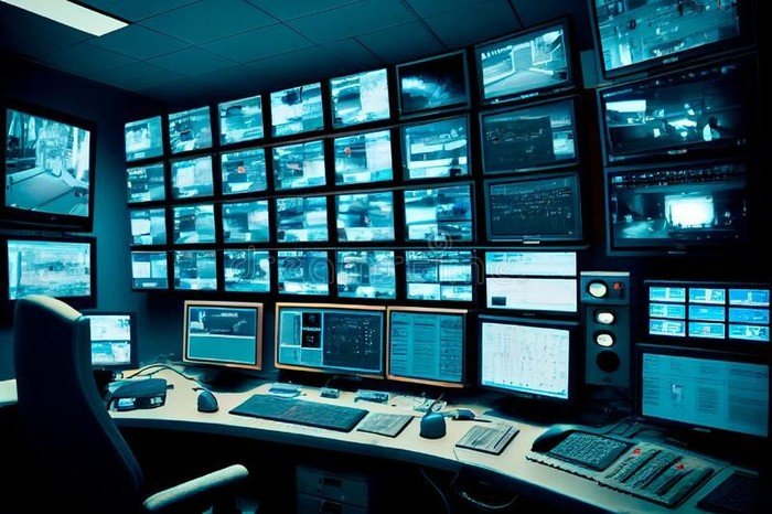 غرفة تحكم أمنية حديثة تحتوي على شاشات مراقبة متعددة تعرض تغذيات CCTV من مواقع مختلفة في منشأة مصرية مع فريق الأمان يحلل اللقطات