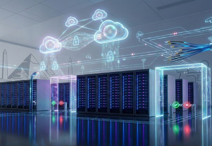 مخطط تقارب الأمن السيبراني بالذكاء الاصطناعي والسحابة يظهر خوارزميات التعلم الآلي التي تحمي البنية التحتية السحابية باستخدام نموذج الثقة الصفرية للشركات المصرية