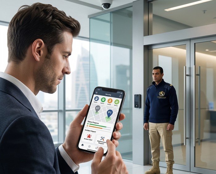 Mobile application showing security dashboard with guard locations, incident reports and real-time notifications