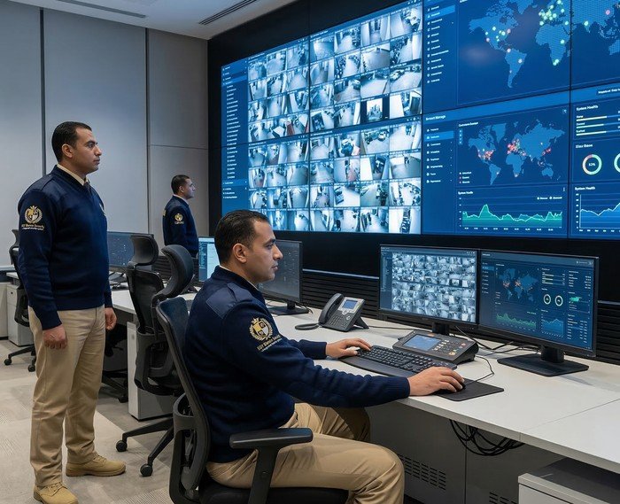 Modern Security Operations Center with multiple screens displaying real-time data from security systems across Egypt