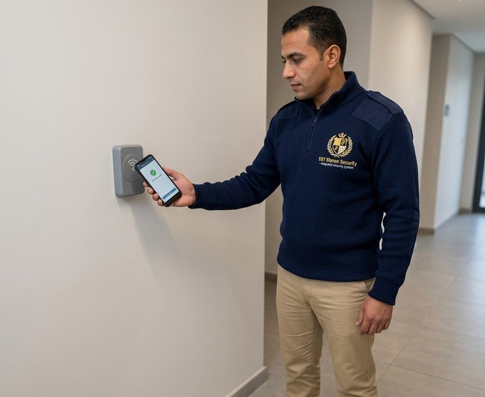 Security guard using mobile phone to scan NFC checkpoint during patrol tour with GPS tracking