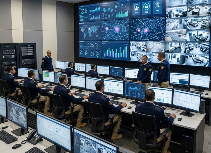 Security Operations Center with multiple operators monitoring CCTV feeds and security alerts on large video wall