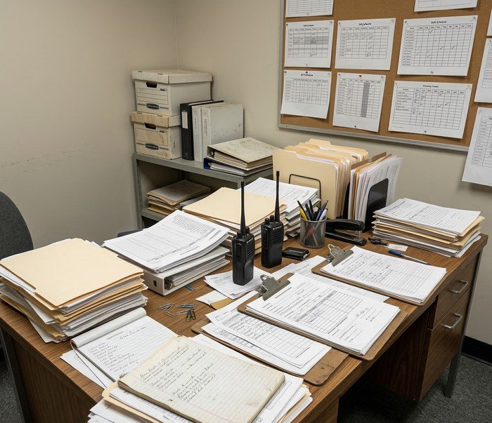 Security guard writing incident report on paper clipboard showing traditional manual documentation methods