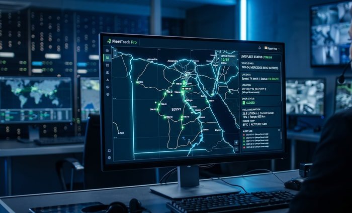 لوحة تحكم تتبع GPS لأسطول شاحنات النقل تظهر مواقع حية للشاحنات في مصر