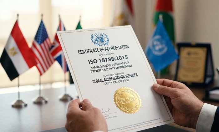 عملية تدقيق واعتماد ISO 18788 لشركات الأمن الخاصة مع مدققين دوليين يراجعون الوثائق والإجراءات