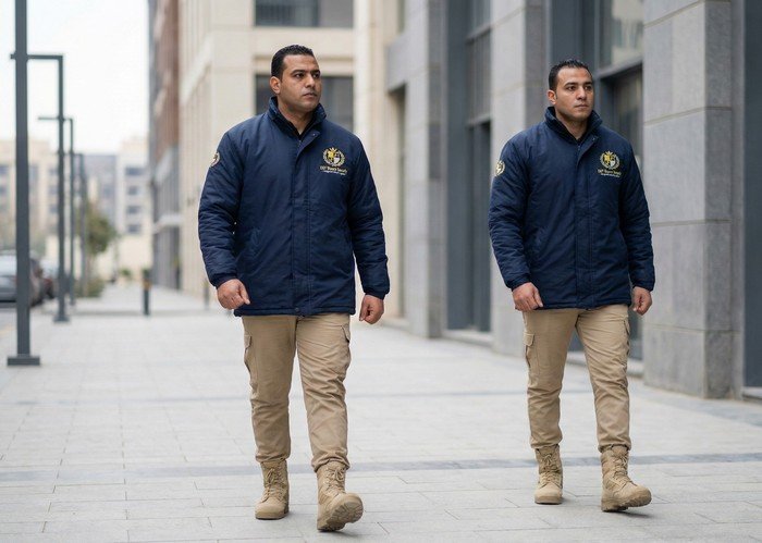 حراس أمان محترفون بالزي الرسمي يقومون بدوريات في شوارع المجمع السكني باستخدام مركبة ومعدات اتصال