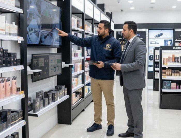 مسؤول منع الخسائر يراقب أنظمة EAS وعلامات RFID في بيئة متجر تجزئة