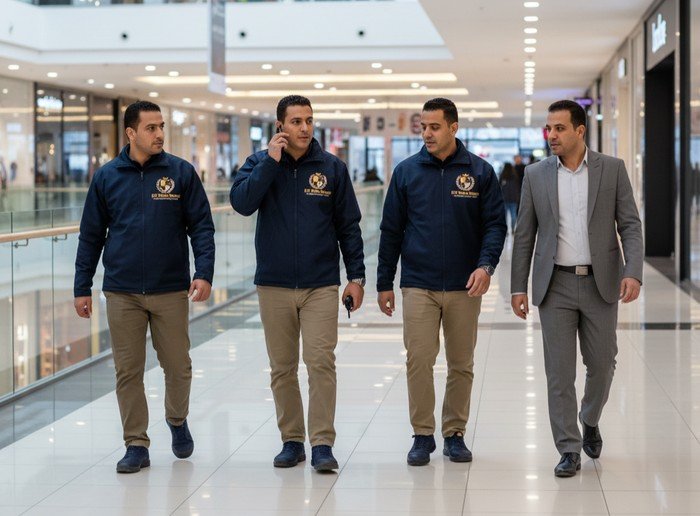 مدخل مول تسوق حديث مع أفراد أمان وأنظمة مراقبة في القاهرة الكبرى