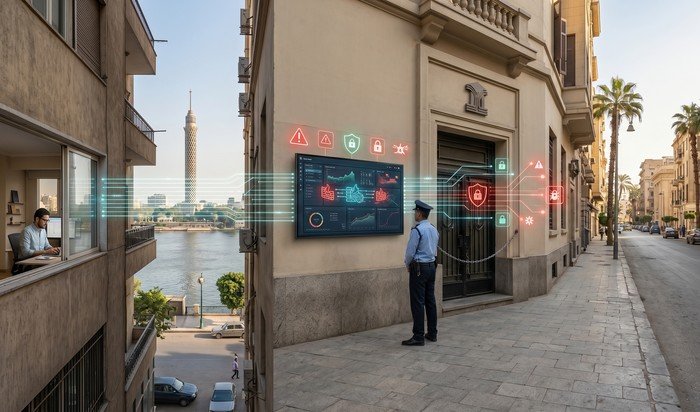 Employee working remotely from home with cybersecurity icons and protected corporate bank building in Egypt 2026