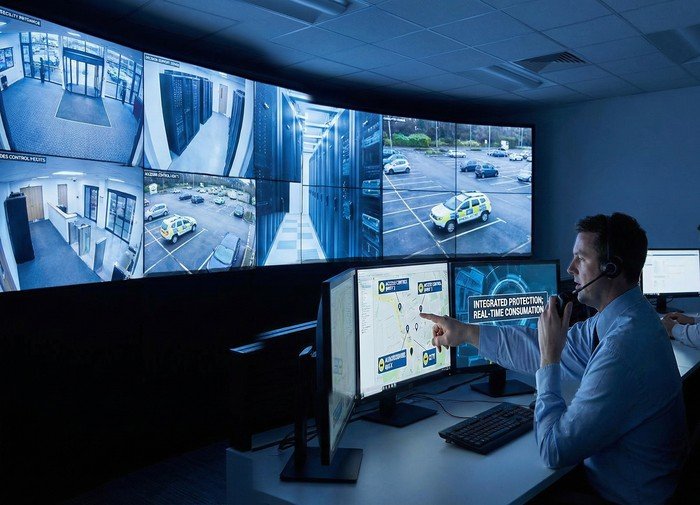CCTV Monitoring Control Room with multiple screens and operators