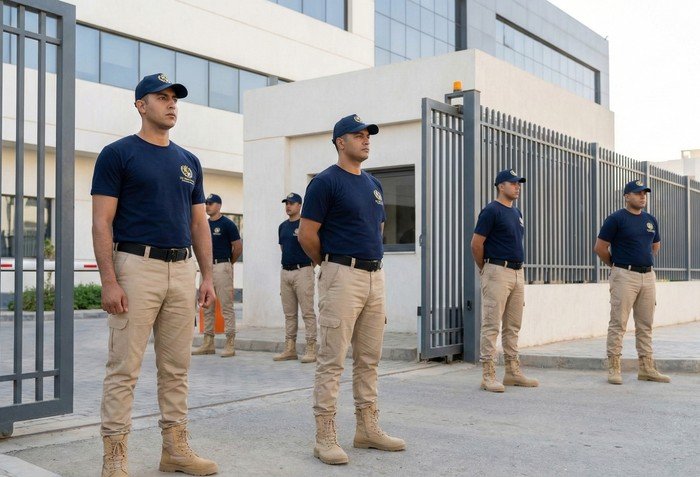 نظرة عامة على الأمن المؤسسي مع حراسة احترافية عند مدخل المكتب