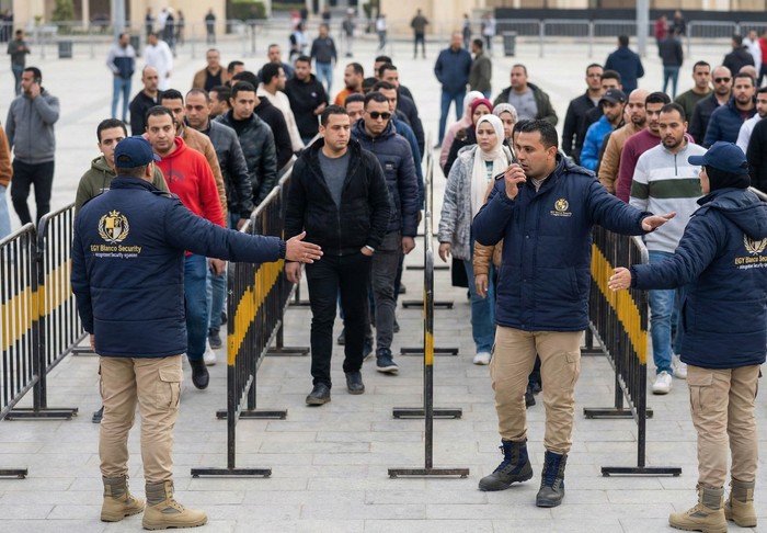 نظرة عامة على أمن الفعاليات والحفلات مع طاقم أمن احترافي عند مدخل الفعالية