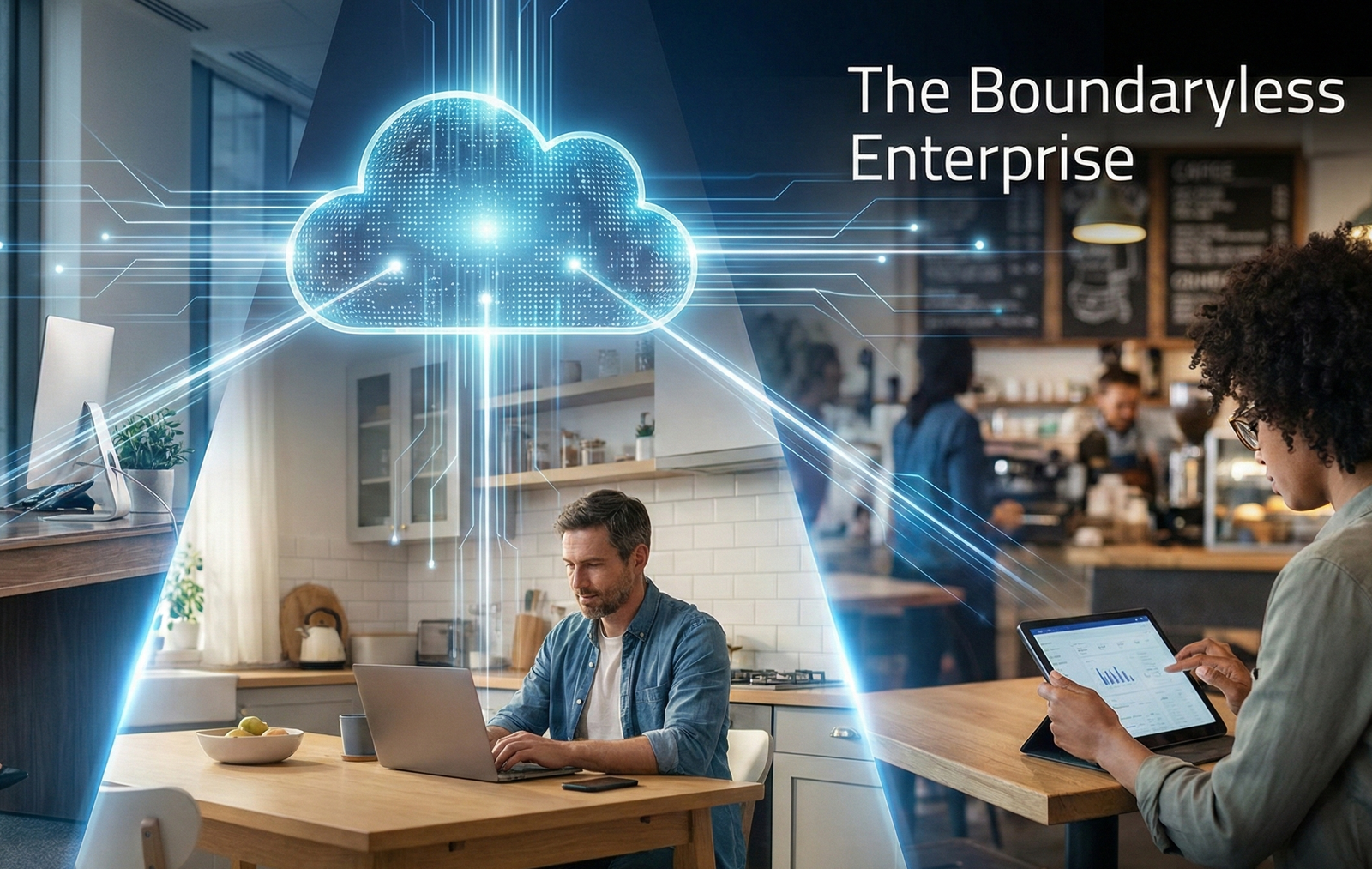 Modern Hybrid Office with Flexible Workstations and Security Measures